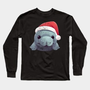 manatee in a Christmas hat distressed Long Sleeve T-Shirt